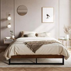 14'' Queen Size Metal Platform Bed Frame with Rustic Wood & Reverse Holes/Ample Under-Bed Storage Space/Mattress Foundation/No Box Spring Needed/Easy 