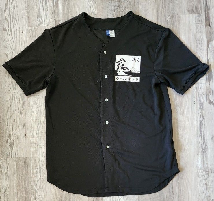 Divided H&M Men's Jersey Shirt Button Up Top Short Sleeve Medium Black #1060