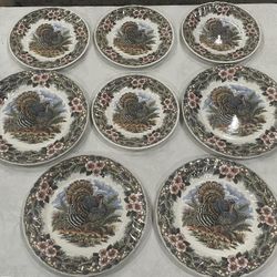 Set Of 8 Queen’s Myott Factory Thanksgiving Turkey Plates.  4 Dinner and 4 Side Plates