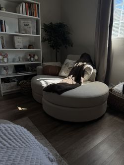 Beige Round Swivel Chair With Ottoman