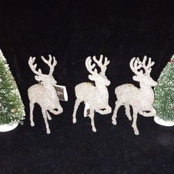 3 Vintage Retro Looking Glittered Stag Reindeers Christmas Ornaments
