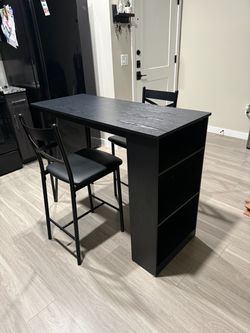 Black Bar Table with 2Stools and Storage Shelves