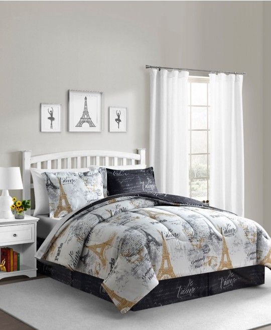Paris Gold Reversible California King Size Comforter Set With Bed Skirt