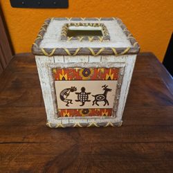 KOKOPELLI Tissue Kleenix Square Box Holder Southwestern Tan Rust Petroglyph Cave Art Deer Tortoise Resin Wood Look Hand Painted