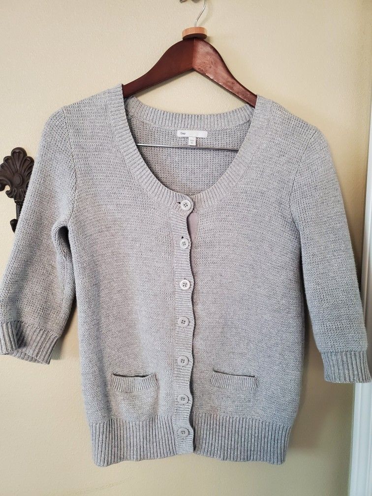 Gap Knit Cardigan Sweater XS Womens Gray 3/4 Sleeve with Pockets