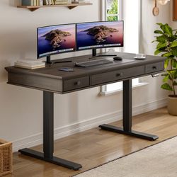 55 x 23 Inch Electric Standing Desk with Drawers, Height Adjustable Home Office Desk with Power Outlets