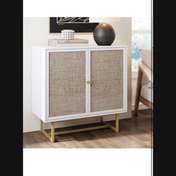 Nathan James Accent Boho Modern Free Standing Buffet Sideboard Hallway, Entryway, Dining Living Room, 1 Storage Cabinet, Kova - White/Cane/Brass