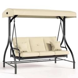 Beige Porch Swing with Adjustable Canopy, 3-Seat Patio Swing Chair Convertible Outdoor Swing with Removable Cushions for Backyard, Garden, Poolside