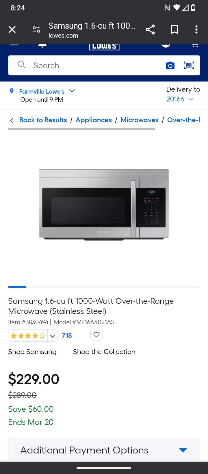 Samsung Over The Range Microwave 