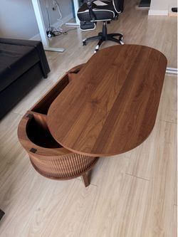 Lift-Top Oval Coffee Table with Hidden Storage (Walnut Finish)