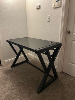 Modern Black Glass Top Desk / Computer Workstation – Sturdy Metal Frame