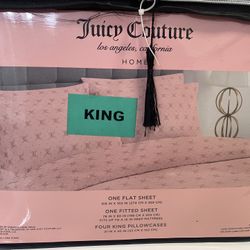 Juicy Couture King Sheet Set - Pink Signature Logo Print - NEW