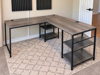 95” L-Shaped / 2-Person Computer Desk with Shelves – Gray