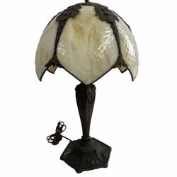 Antique Arts & Crafts Bradley & Hubbard School Slag Glass Table Lamp C1920