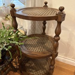 Vintage 3 Tiered Plant Stand Table Faux Wood & Cane  