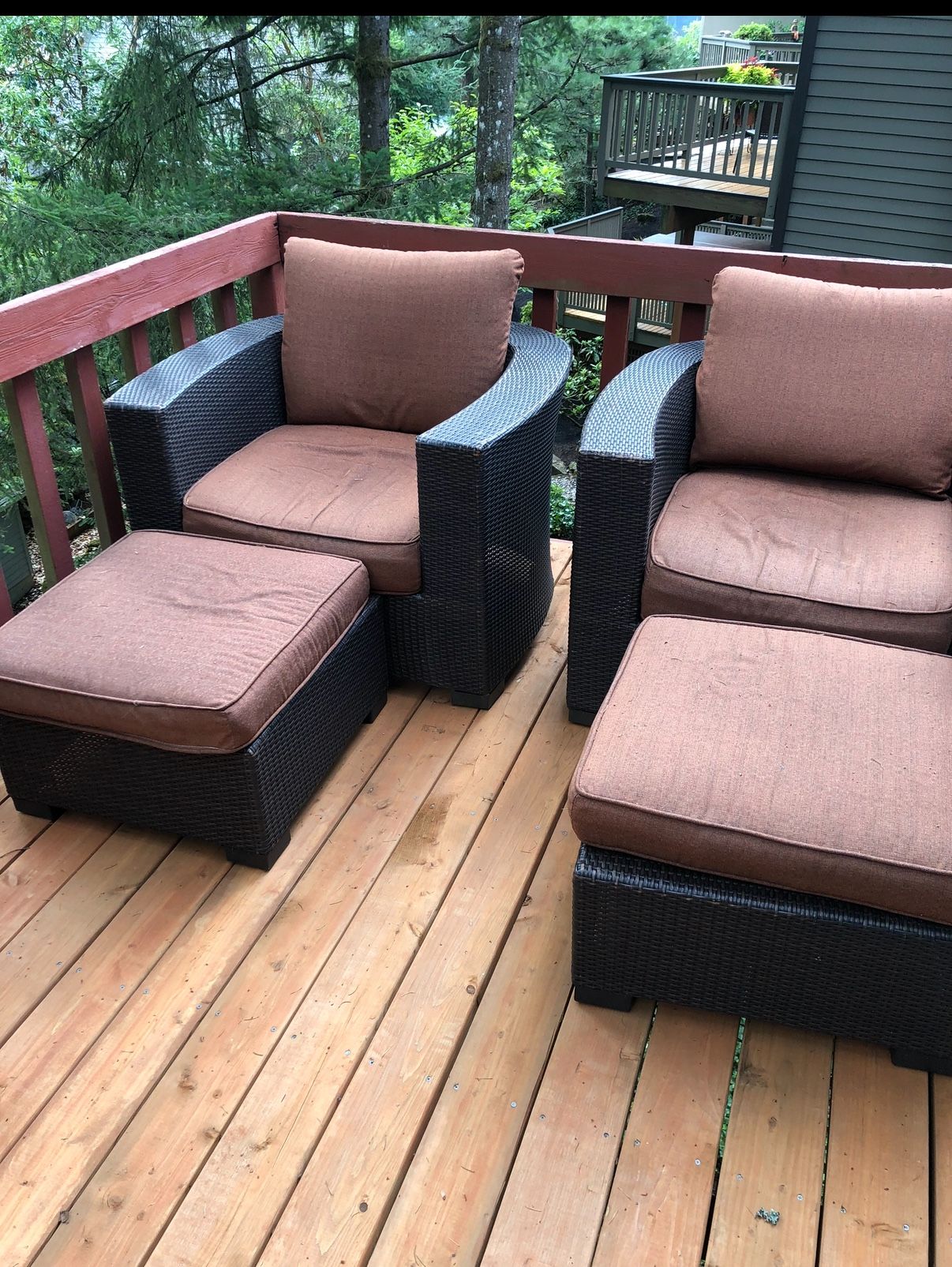 2 Brown Chase Wicker Chairs With Ottomans And Cabinet