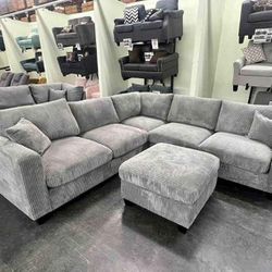 4- Pc Sectional Sofa Light Grey  Corduroy Fabric 