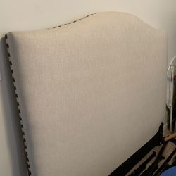 New! Pottery Barn Raleigh Curved Upholstered Headboard w nailhead trim plus metal bed frame QUEEN