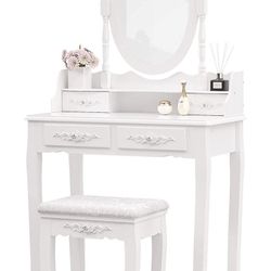 Mecor Vanity Table Set ,Makeup Table with Oval Mirror & Stool, Bedroom Wood Dressing Table with 4 Drawers White