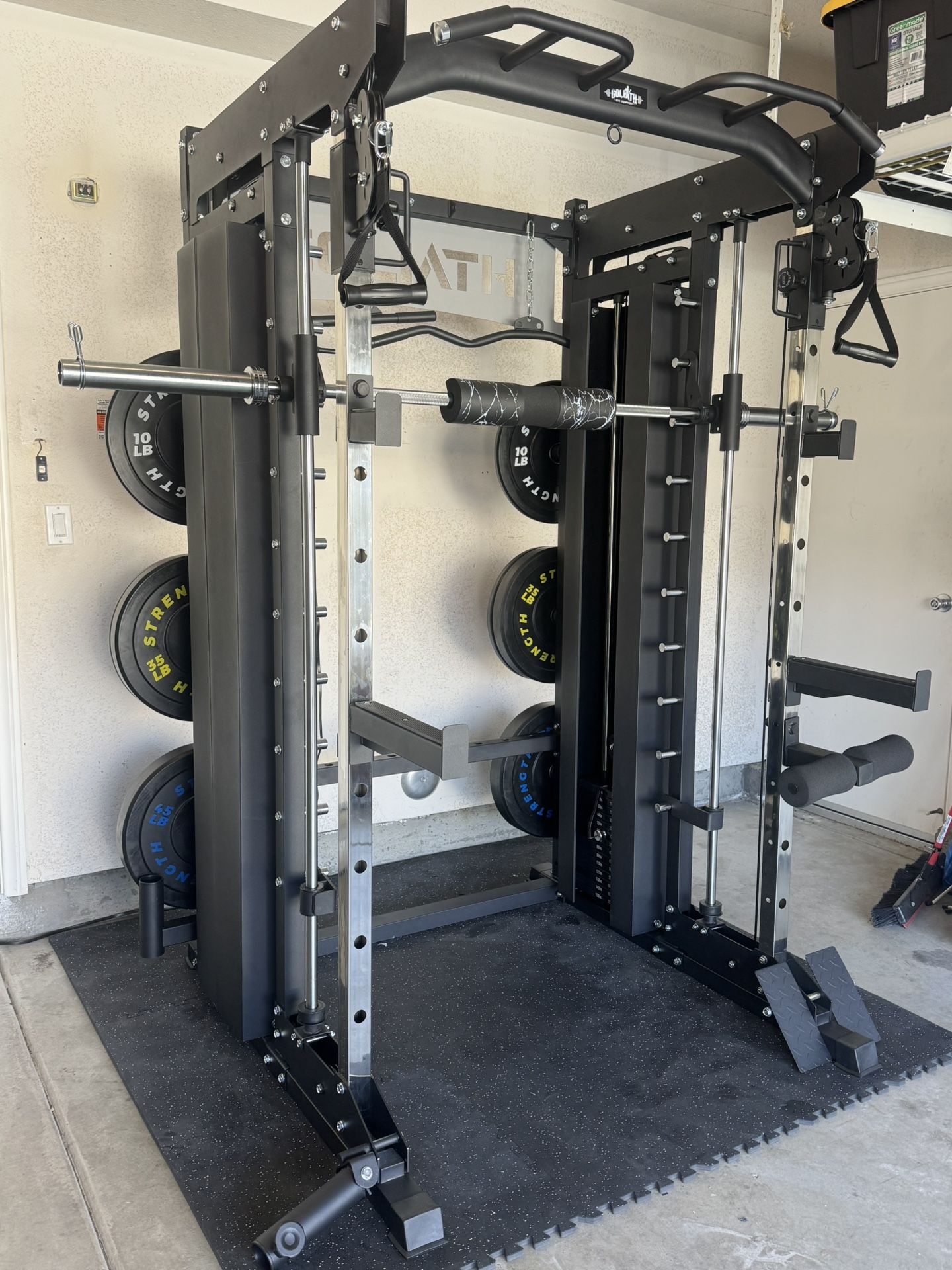 Smith Machine, Pulley System, Power Rack, Rubber Weights, Dumbbells 