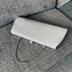 🥂Vintage Silver Lame Evening Bag Purse Cocktail Clutch Handbag w Chain Handle & Jewel Snap Closure