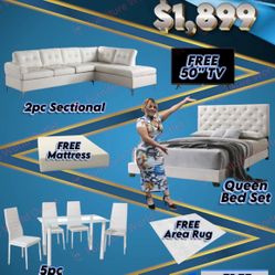NEW 3 ROOM PACKAGE DEAL- BED MATTRESS DINING ROOM SECTIONAL SOFA AND FINANCING 