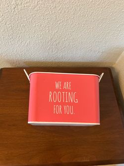Decor Metal Pink “We Are Rooting For You.” Gift Tin. Brand New. 8 1/2” Great Gift
