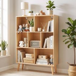 7-Cube Storage Organizer, 3-Tier Wooden Bookshelf w/ Legs, Natural Wood