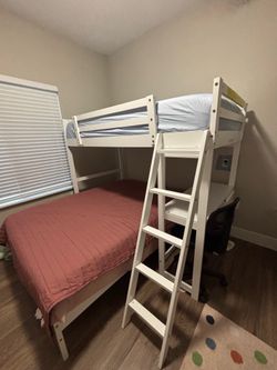 Twin Loft Bed w/ Desk, Drawers & Ladder – White – $100