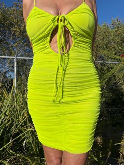 Neon Yellow Ruched Cutout Mini Dress