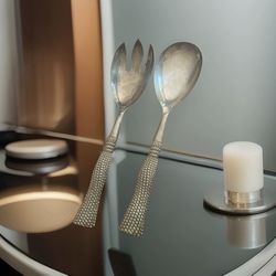 Vintage Basket Weave Solid Handle Silver Plate Salad Fork Spoon Serving Set 