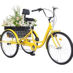 Adult Tricycle 26 inch 7 Speed, Three Wheel Bicycle for Adult, Trike Cruiser W/Tools & Big Basket for Exercise Shopping Picnic Outdoor Activities Yell