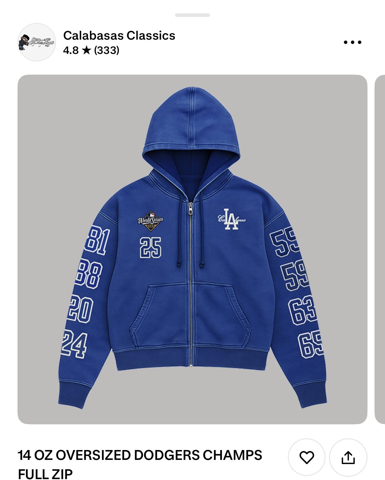 Dodgers World Series Zip Up Hoodie XL