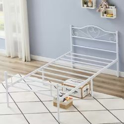 See Here! New Open Box – Vecelo Heavy Duty Steel Slat Twin Size Platform Bed, White 