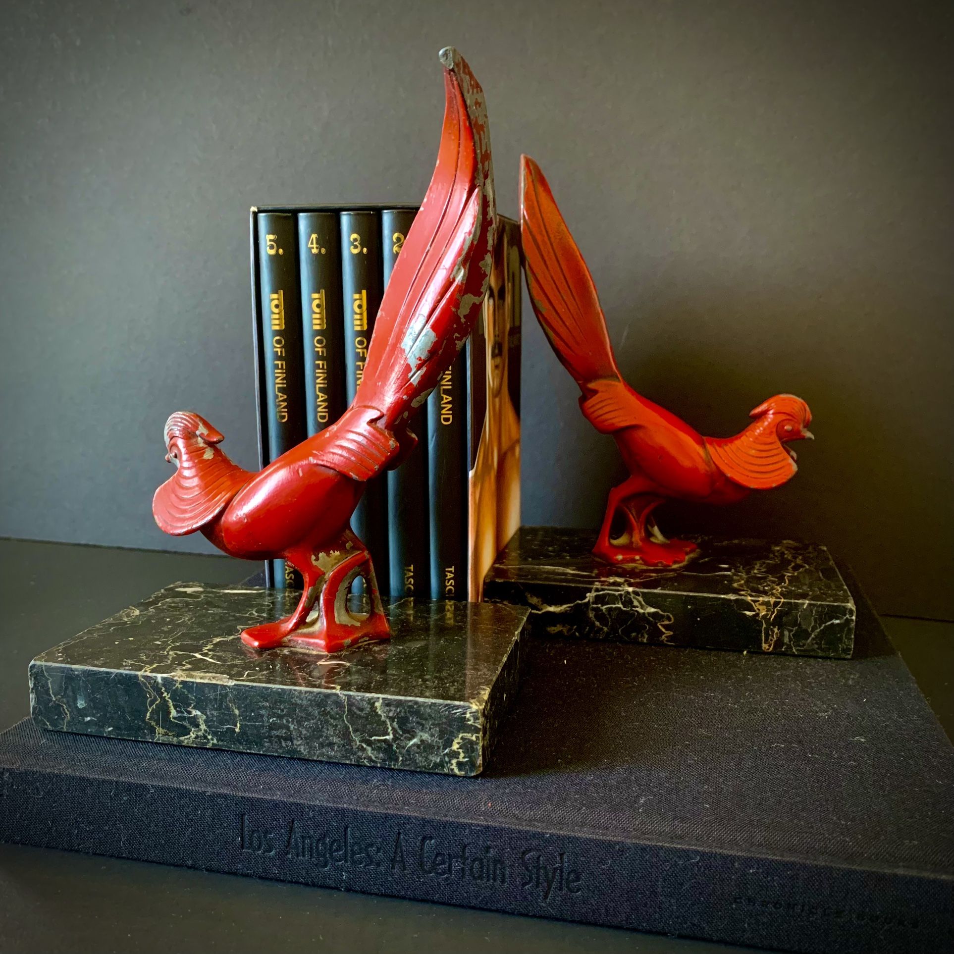 Art Deco French Pheasant Bookends Marble Base