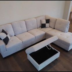 New White Gray Sectional Sofa Couch With Free Ottoman, Chaise And 2 Pillows 