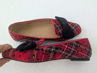 EXCELLENT LIKE NEW CONDITION TALBOT'S RED PLAID FLATS WITH BLACK VELVET BOW SIZE 6.5 MEDIUM WIDTH