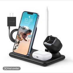 Wireless Charger, Wireless Charging Station, 4-in-1 Foldable Charger Stand, 15W Fast Charging Dock, Qi-Certified for iPhone 15/14/13/12/11 Pro Max, Sa