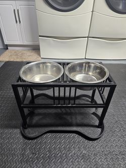 Elevated Double Dog Bowl Feeder Stand w/ 2 Stainless Steel Bowls (Black)