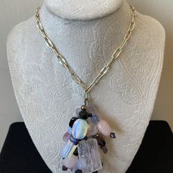 Purple / Pearlescent Statement Necklace On Silver Chain 