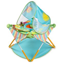 Bright Starts Pop 'N Jump Portable Baby Jumper, Foldable Indoor/Outdoor Baby Jumper with Owl Forest Sensory Activities, Ages 6–12 Months