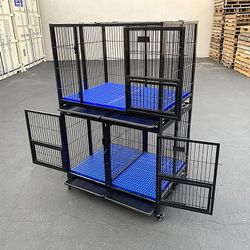 (NEW) $370 (Set of 2) Stackable Dog Cage 41x31x65” Heavy Duty Kennel w/ Plastic Tray 