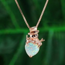 BRAND NEW IN PACKAGE ADORABLE 14K ROSE GOLD PLATED WHITE CRYSTAL FIRE OPAL HEART SNOWMAN  PENDANT NECKLACE GIFT FOR HER 