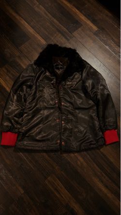 Vintage Alamode Brown Satin Flight Bomber Jacket Fur Collar Red Cuffs Size 88