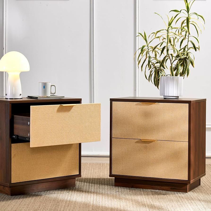 Saint Mossi Rattan Nightstands Set of 2 - Boho Bed Side Tables with 2 Storage Drawers, Mid Century Modern Sofa End Tables for Living Room, Walnut Fini