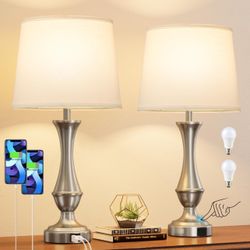 22" Touch Table Lamps Set of 2 with USB C+A, 3 Way Dimmable Silver Bedside Bedroom Living Room