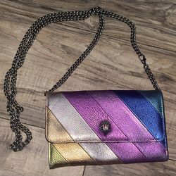 Kurt Geiger London Rainbow Stripe Metallic Clutch Purse with Metal Chains Strap