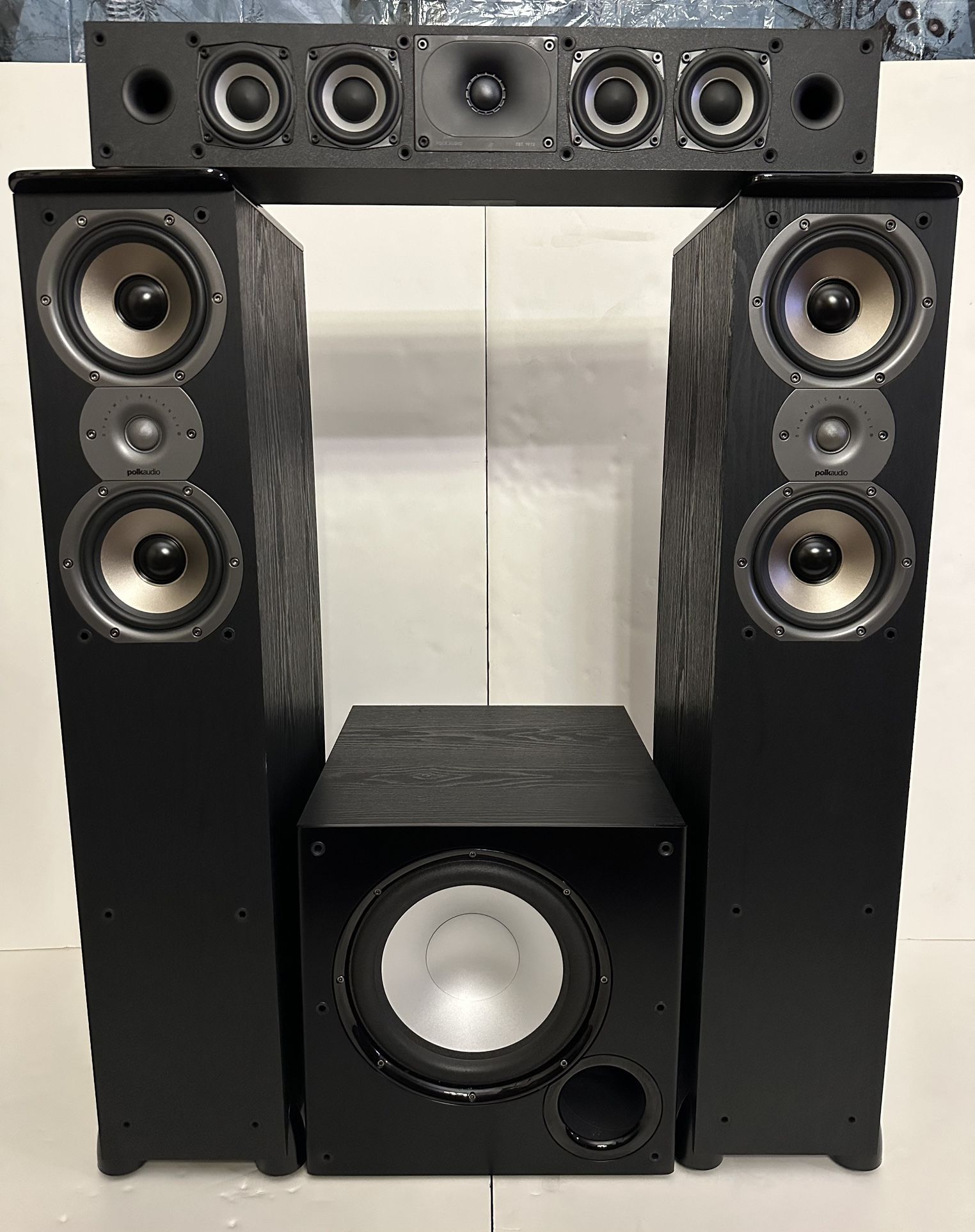 (2) Polk Audio Tower Speakers + (1) Polk Audio Center Speaker + (1) Polk Audio 10” Active Powered Subwoofer