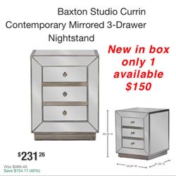 New in box baxton studio 3 drawer mirror nightstand only 1 available $150 cash only east Palmdale 