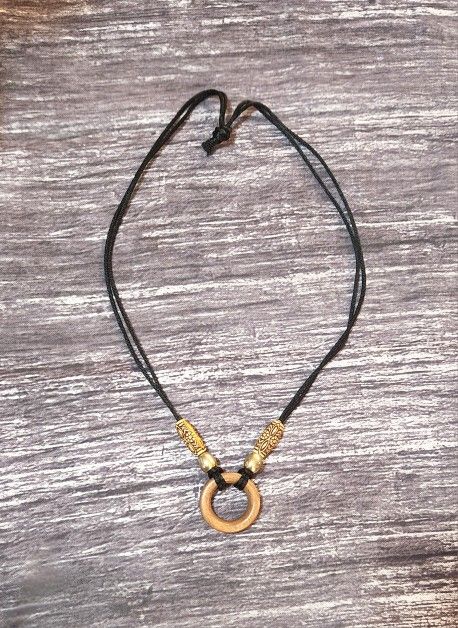 Black Cord Necklace With Wood Circle Pendant